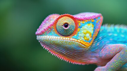 A close-up of a colorful chameleon showing vibrant scales and a detailed eye against a blurred green background.