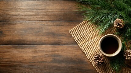 Naklejka premium A cozy rustic table setting featuring a calming tea cup alongside pine branches and pinecones, evoking a warm atmosphere perfect for relaxation and enjoying tranquil moments.