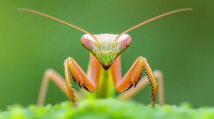 Close-up image of a praying mantis with detailed eyes and front legs, set against a soft green background.