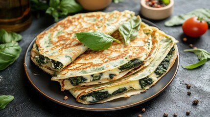 A dark plate holds a stack of thin, golden-brown crepes filled with vibrant green spinach and creamy cheese.  Garnished with fresh basil, alongside int of olive oil