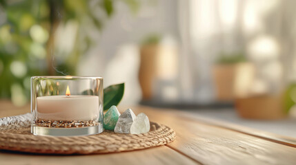 Serene space featuring calming candle, natural crystals, and greenery, creating peaceful atmosphere for relaxation