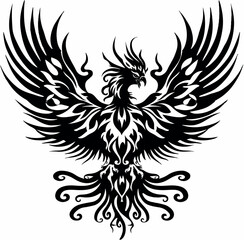 Obraz premium phoenix, bird, illustration, animal, fire, symbol, eagle, nature, art, vector, icon, wing, tattoo, logo, drawing, abstract, graphic, design, feather, silhouette, emblem, fly, isolated, vintage 