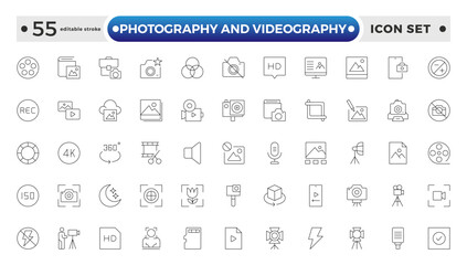 Photography and Videography outline Icon set. Camera, Lens, Studio, Film Equipment, Digital Camera, Tripod, Editing Tools,DSLR, Film Reel, Media Tools, Lights, Action. Editable stroke outline icon.
