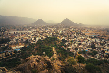 Wide Angle evening Mountain view of Pushkar Rajasthan