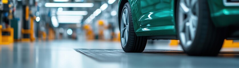 A close-up of a green car wheel on a clean, modern automotive factory floor with blurred machinery in the background.