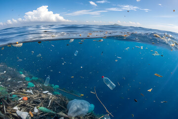 Plastic waste and trash on ocean and seashore showing marine pollution and environmental damage. A common issue affecting oceans and marine ecosystems worldwide.