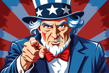 A bold, cartoonish illustration of Uncle Sam, wearing his iconic top hat and suit, directs a direct and intense gaze directly at the viewer, pointing a finger.