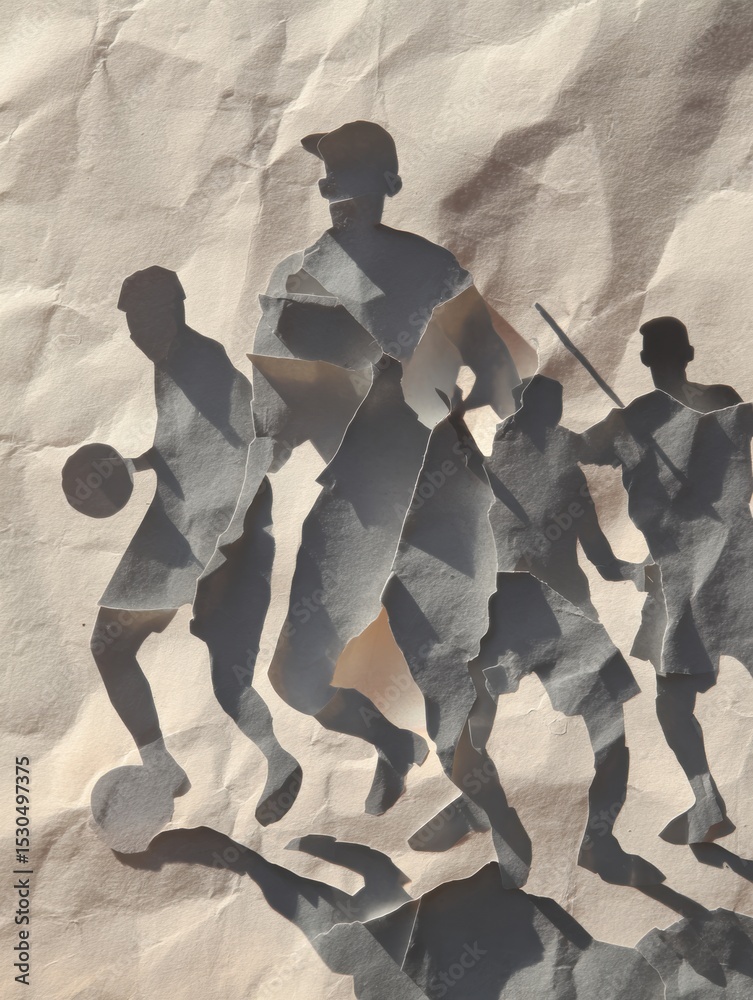 Aufkleber creative paper collage showcasing dynamic player silhouettes with dramatic shadows on textured backg