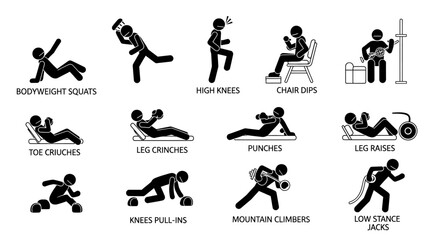 Twelve Simple Stick Figure Illustrations of Bodyweight Exercises