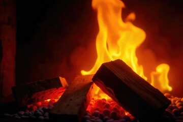 Close-up of vibrant orange and yellow firewood flames dancing in a fireplace, casting warm glowing light and shadows  Perfect for cozy autumn or winter themes ,  burning wood,  firelight,  comfort