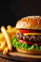 Close-up shot of a delicious, juicy burger and crispy fries, perfect for a quick and satisfying lunch  The vibrant colors and textures showcase the appeal of fast food ,  tomato,  satisfying