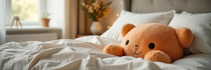 Cozy bedroom scene featuring a plush, inviting tummy-shaped cushion resting on a soft bed  Perfect for relaxation and adding a playful touch to any bedroom ,  comfortable,  warmth,  cute