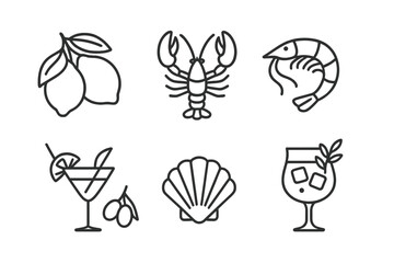 Seafood and citrus icons representing tropical flavors in a minimalistic design