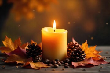 Cozy autumn scene featuring a flickering candle with seasonal scents, surrounded by warm-toned leaves and pine cones, perfect for fall ambiance , scent, aroma