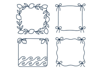 Decorative hand-drawn frames featuring floral and beach themes suitable for artistic projects