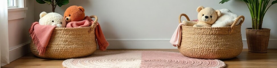 Cozy, handwoven rug baskets overflowing with soft blankets and plush toys, adding warmth and texture to a living room corner  Perfect for storage and home decor ,  interior styling,  soft blankets
