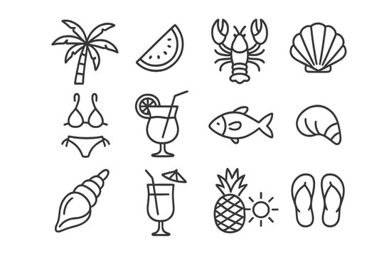 Tropical summer theme featuring various beach elements including fruits, seafood, and refreshments in a playful design
