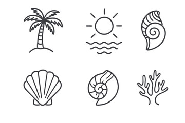 Relaxing beach elements including palm trees, sun, shells, and coral for summer vibes and coastal inspiration