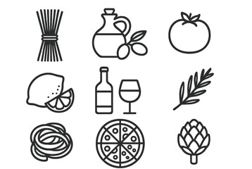 Ingredients and items for preparing a delicious Italian meal including pasta, wine, and fresh vegetables