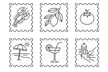 Six unique stamps featuring seafood, fruits, cocktails, and a sunny beach scene showcasing Mediterranean culture