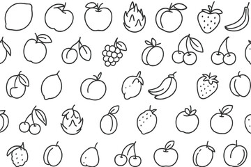 Collection of hand-drawn fruit illustrations including apples, strawberries, and bananas on a white background