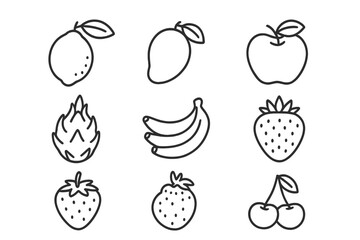 Fresh fruits illustrated in simple line art style featuring lemons, mangoes, apples, bananas, strawberries, and cherries arranged in a grid