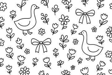 Whimsical floral pattern featuring ducks and bows in a playful design suitable for crafts and children's projects