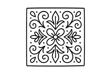 Decorative floral pattern design featuring intricate swirling shapes and a central flower motif in black and white