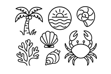 Illustrations of tropical elements featuring a crab, seashells, and ocean scenery with coral and palm tree