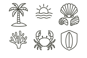 Coastal elements and marine life icons illustrate a tropical beach setting with sun, palm trees, and ocean waves