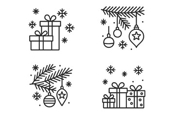 Set of Christmas themed ornaments and gifts featuring a winter design with snowflakes and festive decorations