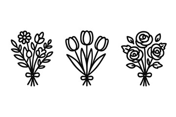 Floral bouquet line art featuring daisies, tulips, and roses in a simple, elegant design ideal for decoration and branding