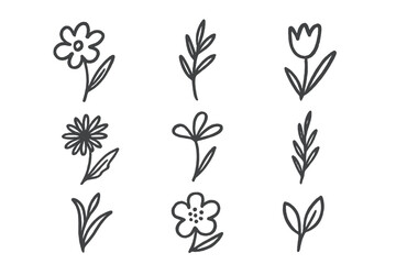 Floral doodles featuring various flower types and green leaves designed for artistic inspiration