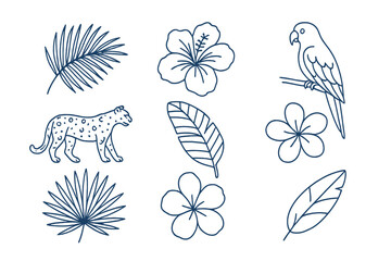 Tropical flora and fauna illustrations featuring a leopard, parrot, and various plants in a stylized design