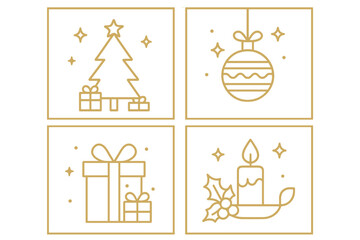 Festive holiday illustrations featuring a Christmas tree, ornament, gift boxes, and candle with decorations and stars