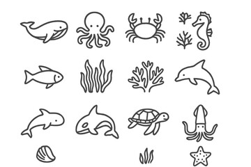 Ocean life illustrations featuring various sea creatures and marine plants suitable for educational or decorative purposes