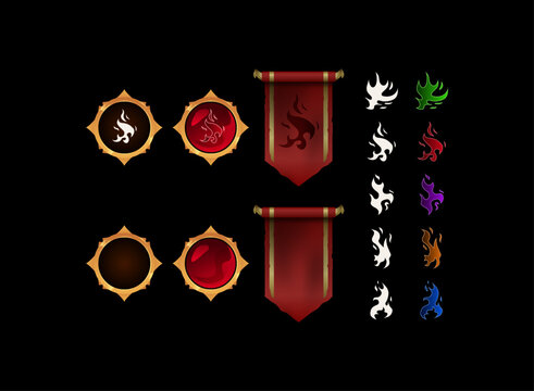 fantasy rpg medieval banner flags, red gold set pennant game icon with fire symbol collection