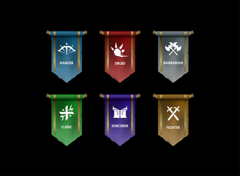 fantasy rpg medieval banner flags, colorful set pennant game icon with role class ranger, fighter, druid, barbarian, cleric symbol - Powered by Adobe
