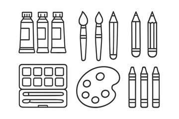 Art supplies including paint tubes, brushes, pencils, and a color palette arranged neatly on a white background