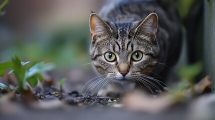A close up photograph featuring a watchful brown tabby cat
