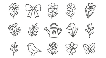 Floral designs featuring flowers, a bow, a watering can, and a bird illustrating nature?s beauty in a simplistic style