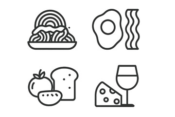 Colorful plate of spaghetti with various food items including eggs, bacon, bread, cheese, and wine
