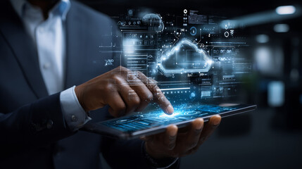 PaaS. Businessman using a tablet to analyze data on a cloud-based Platform as a Service, leveraging scalable resources for efficient business operations and decision-making.