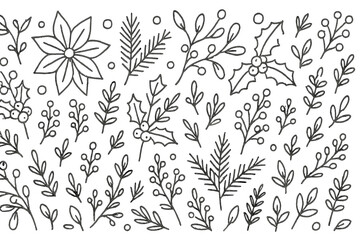 Decorative winter foliage and floral patterns featuring holly, berries, and pine against a white background