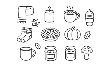 Cozy autumn elements featuring hot beverages, food items, and seasonal decorations delight in a playful arrangement