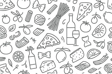 Colorful collection of food and drink illustrations featuring pizza, pasta, fruits, and wine in a fun, playful design