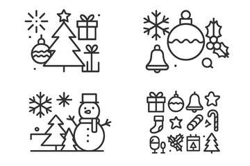 Collection of festive holiday icons showcasing Christmas symbols and decorations like trees, gifts, and snowmen
