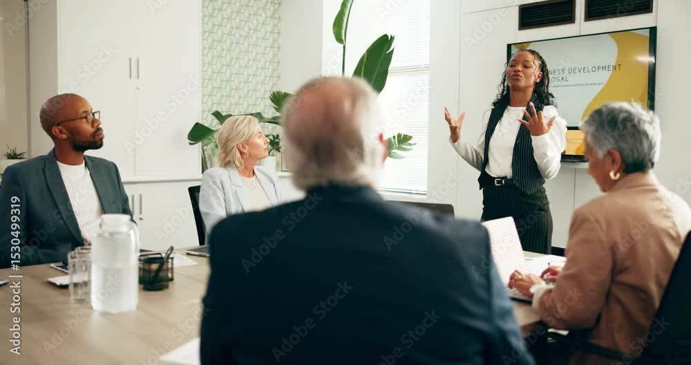 Aufkleber presentation, proposal and meeting with business woman in office for pitch, teamwork and feedback. d