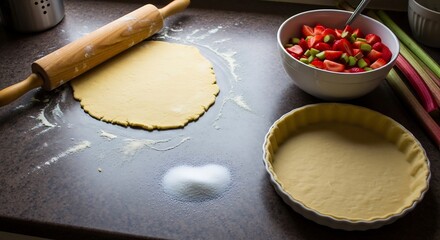 Preparing Strawberry Rhubarb Pie: Rolling Dough and Filling for Homemade Dessert