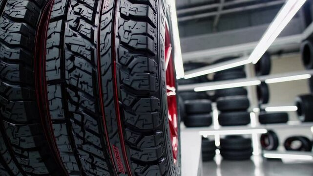 Sleek tire showcase with simple composition and closeup tread pattern, modern automotive black rubber detail, new indoor storage